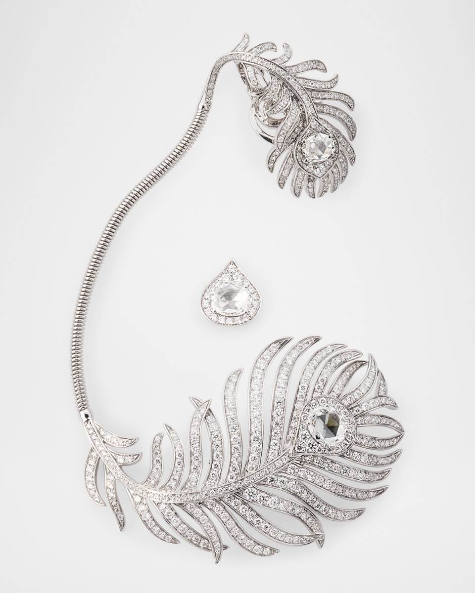 Plume de Paon 18K White Gold Diamond Asymmetrical Earrings